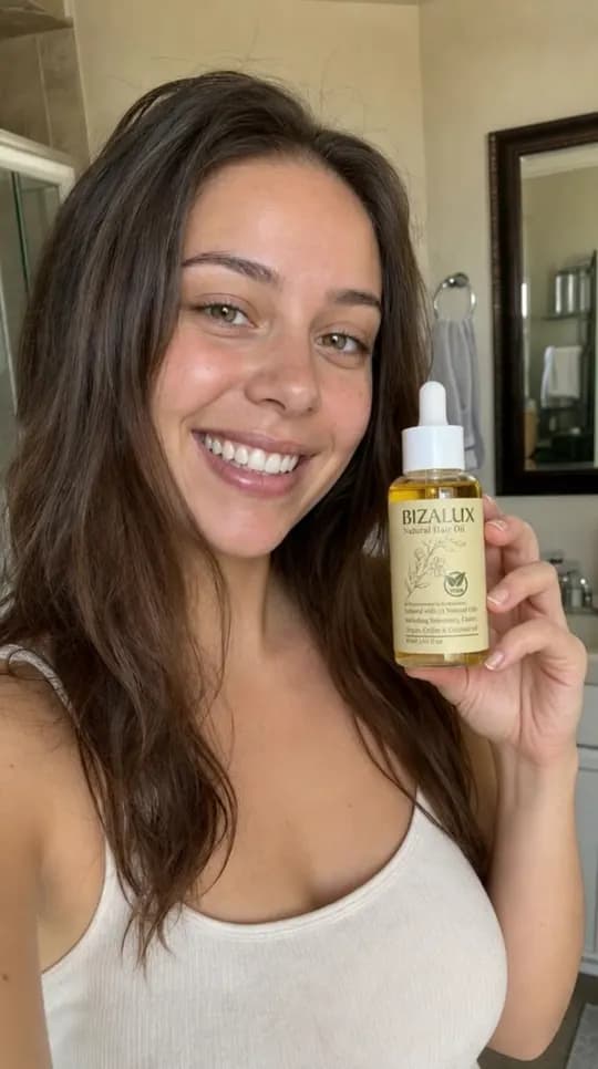 Creator talking to camera about a hair oil