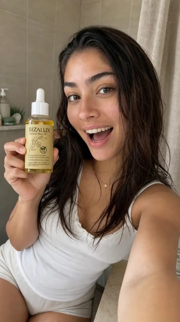 AI creator filming a selfie video with a hair oil bottle