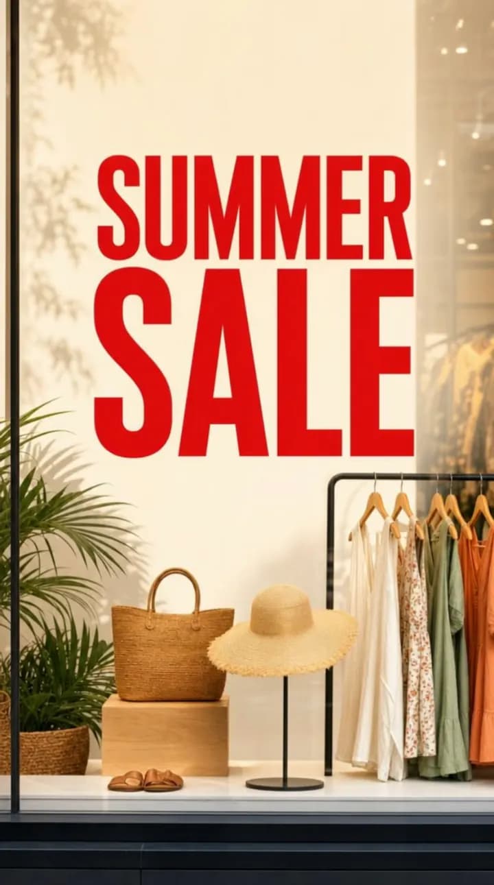 Shop window with a crisp Summer Sale headline above straw hats and linen