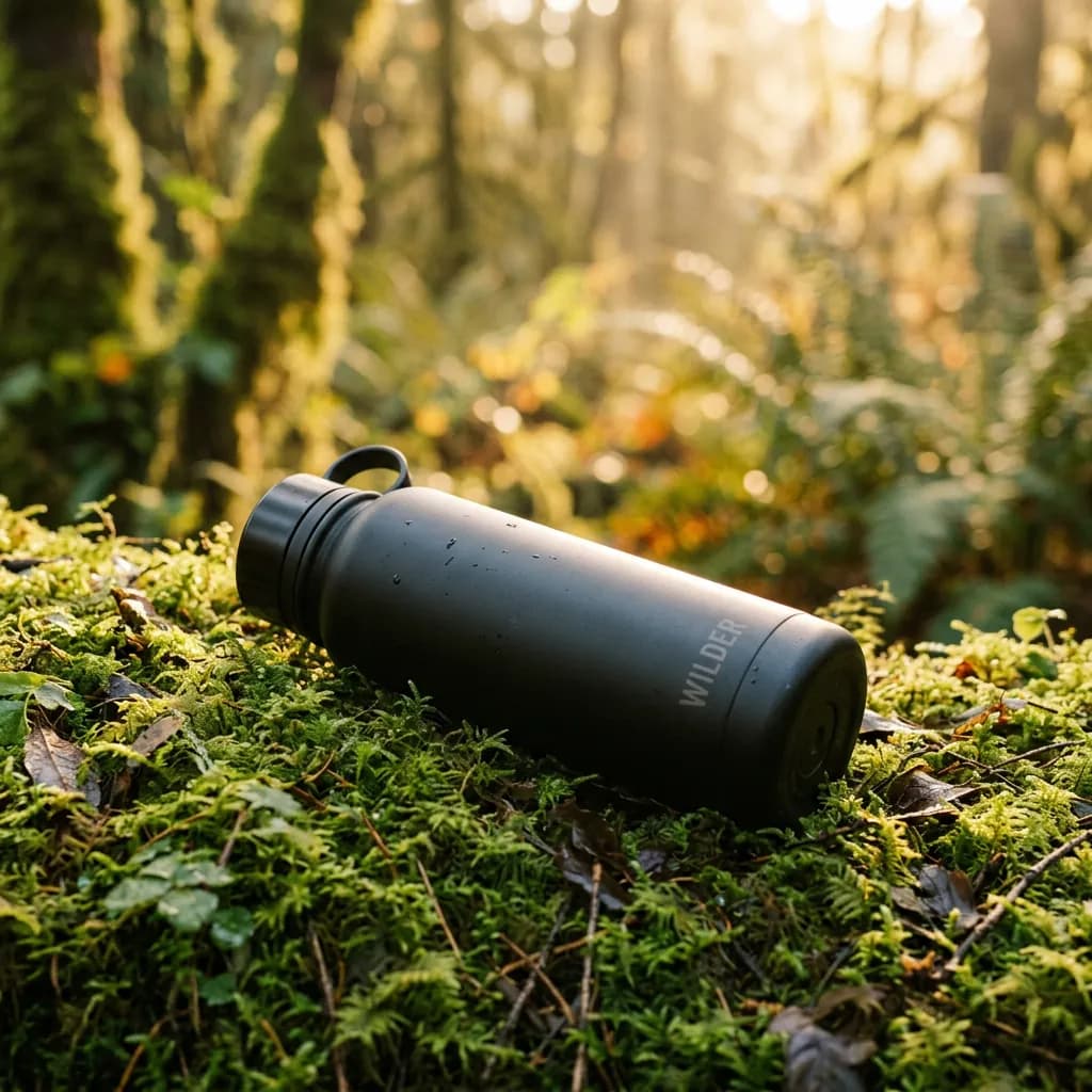 Matte black bottle resting on moss in golden forest light