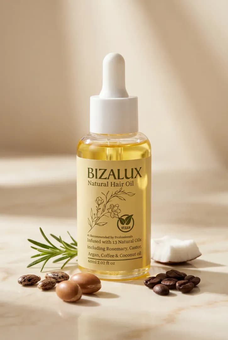 Hair oil bottle styled with rosemary, coffee beans and argan nuts