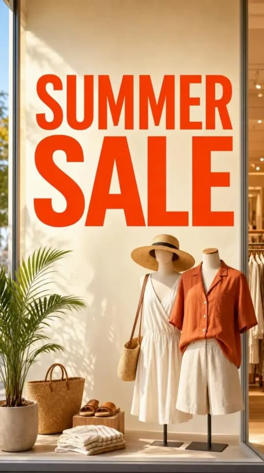 Camera pushing in on a Summer Sale window while the headline stays sharp