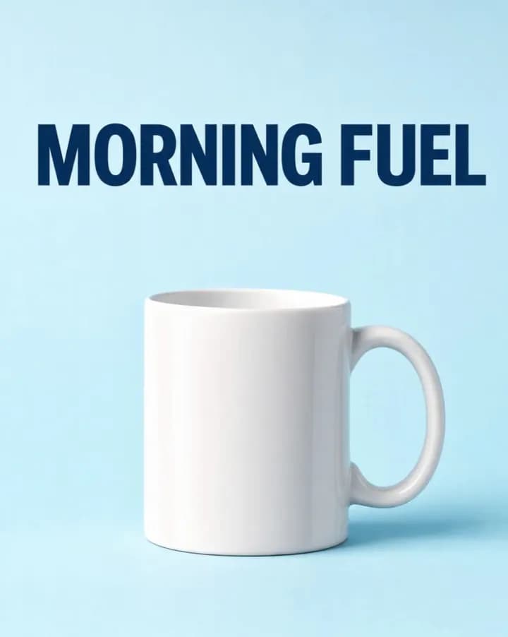Steam rising from a white mug under a sharp Morning Fuel headline
